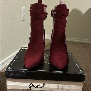 Qupid Burgundy Suede Ankle Booties with Suede Finish and Pointed Toe